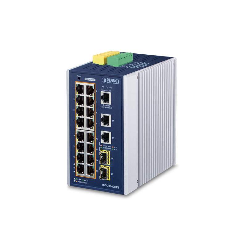 Коммутатор PLANET IP30 Industrial L2+/L4 16-Port 1000T 802.3at PoE+ 2-Port 1000T + 2-port 100/1000X 