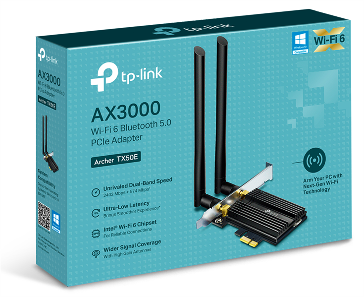 сетевой адаптер TP-Link Archer TX50E, AX3000 Dual Band Wi-Fi 6 Bluetooth PCI Express Adapter