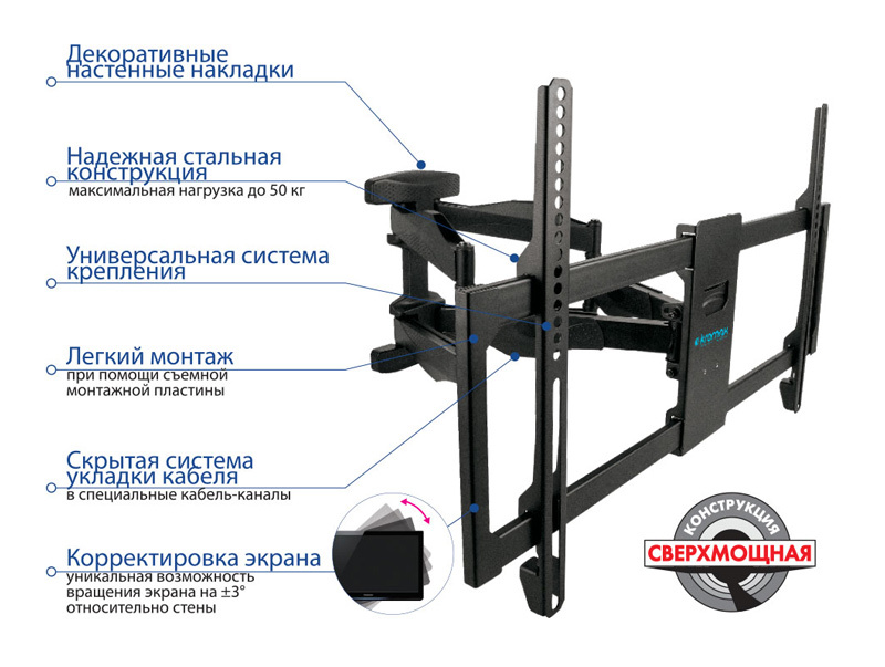Кронштейн для телевизора Kromax ATLANTIS-35 new черный 22"-65" макс.50кг настенный поворотно-выдвижн