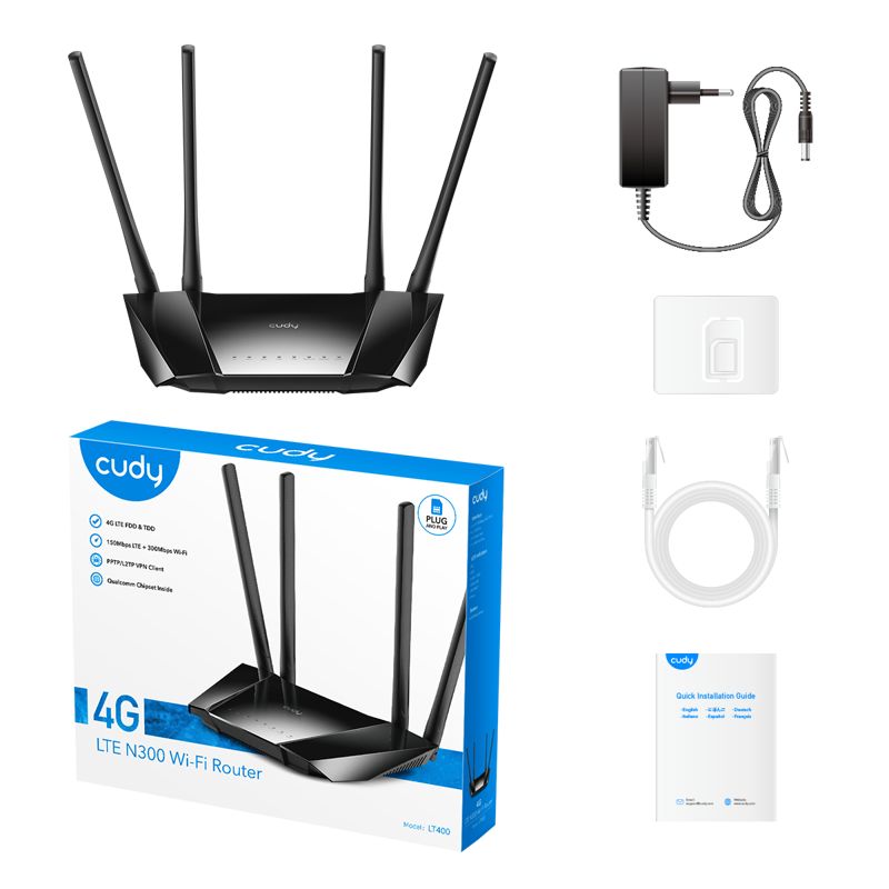 Роутер беспроводной Cudy LT400 N300 10/100BASE-TX/4G cat.4 черный