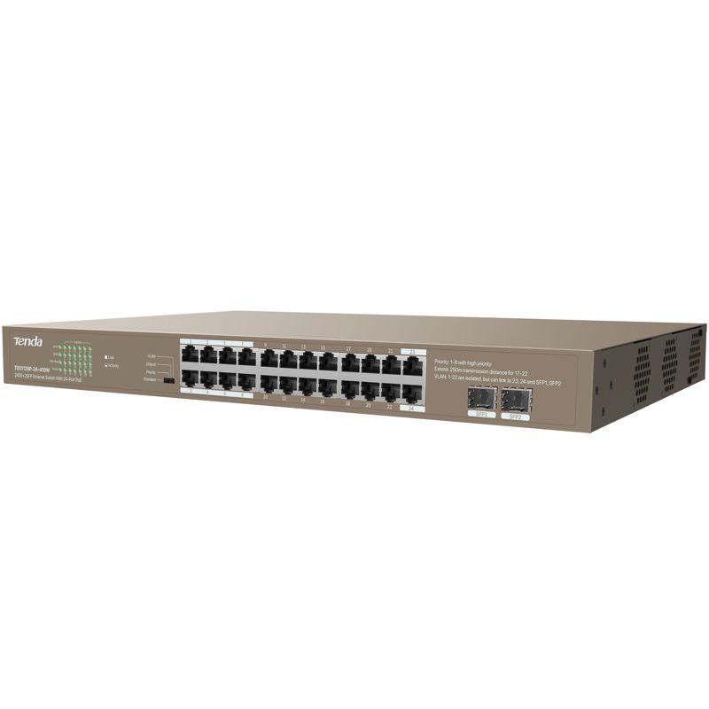 Коммутатор Tenda TEG1126P-24-410W (L2) 24x1Гбит/с 2SFP 24PoE 370W неуправляемый
