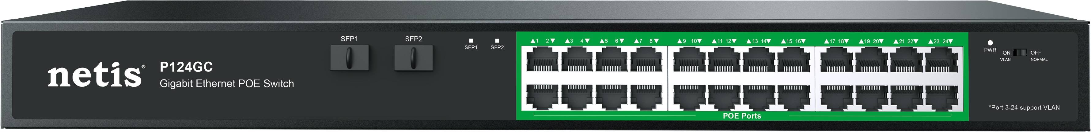 Коммутатор Netis P124GC (L2) 24x1Гбит/с 2SFP 24PoE+ 360W неуправляемый