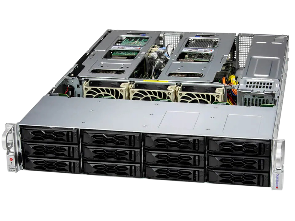 Серверная платформа/ SYS-621C-TN12R (bundle9): 2U / 2x LGA-4677 / 16x DDR5 RDIMM / 12x 3.5/2.5 NVMe/SATA/SAS / 2x PCIe 5.0 x16 FHHL / 3x PCIe 5.0 x8 FHHL / 2x PCIe 5.0 x4 NVMe M.2 / 1x 2-Port 1GbE RJ45 / TPM / 2x 1200W Power (12 NVME config)