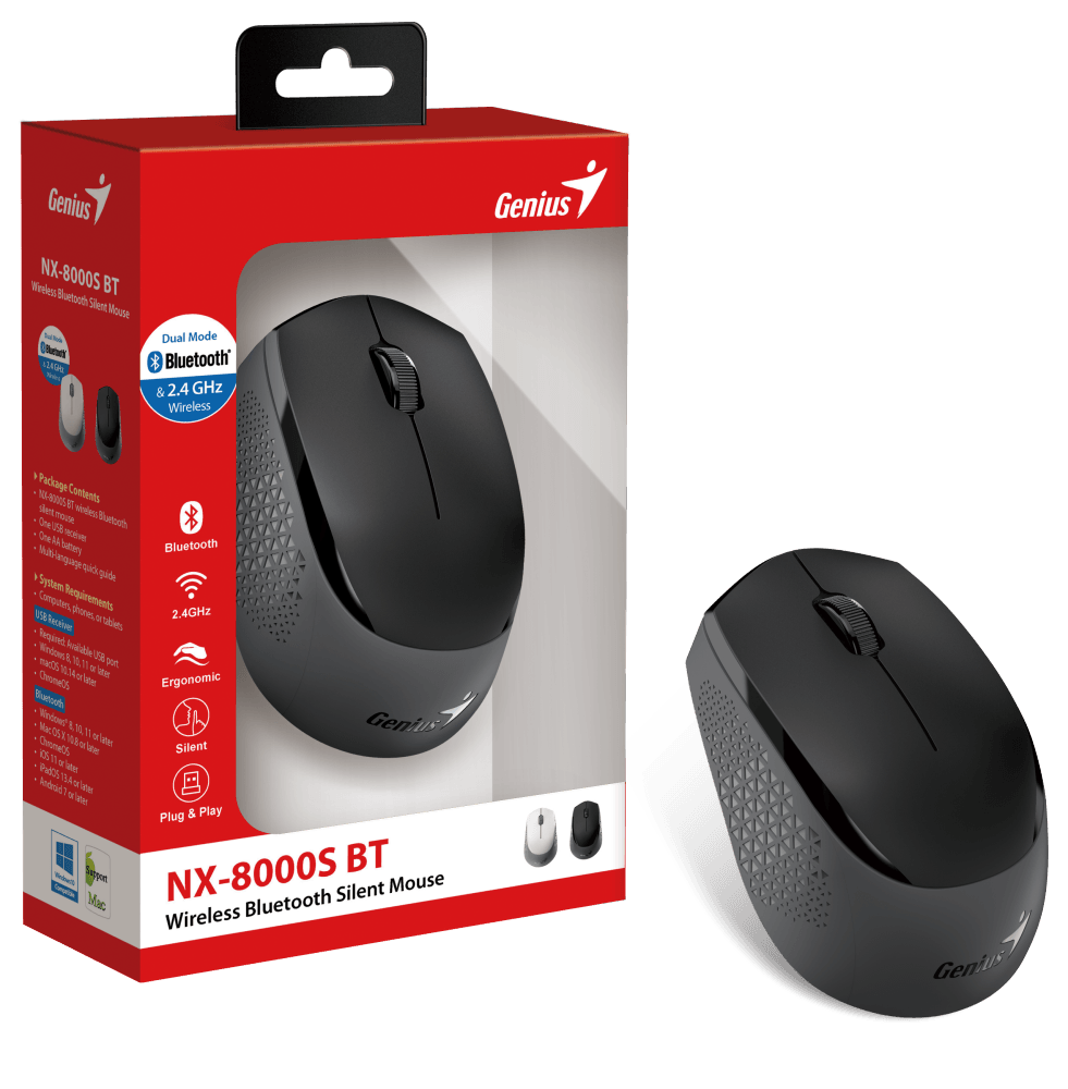 Genius Мышь NX-8000S BT { Беспроводная, бесшумная, 3 кнопки, для правой/левой руки. Сенсор Blue Eye.