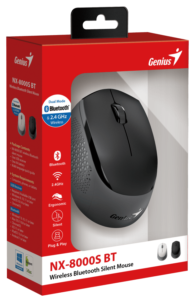 Genius Мышь NX-8000S BT { Беспроводная, бесшумная, 3 кнопки, для правой/левой руки. Сенсор Blue Eye.