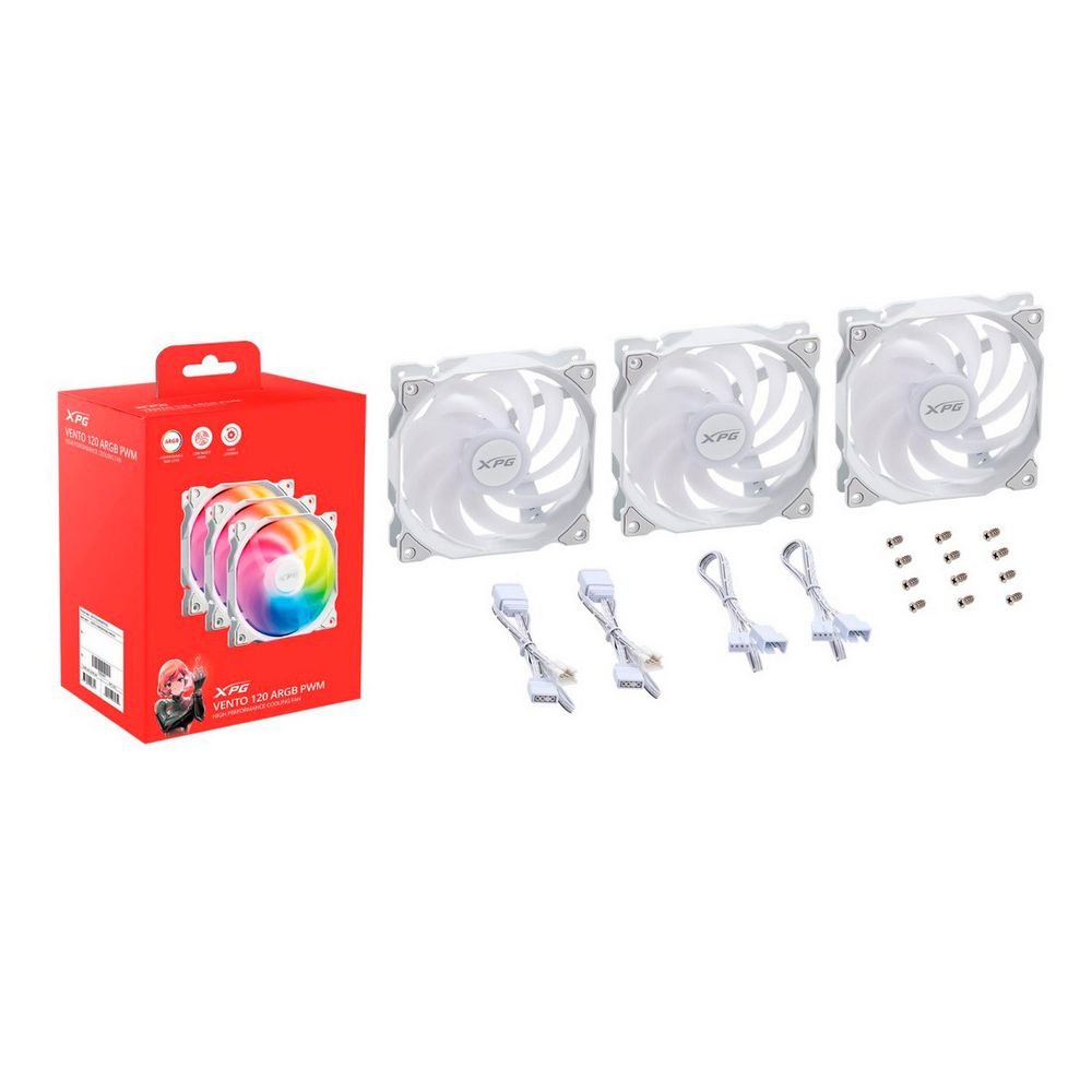 Вентилятор для корпуса A-DATA XPG VENTO 120 ARGB 120x120mm, 300-1850rpm, 50,27CFM, 21dBa, ARGB, 4-pin PWM, white 3-pack VENTO120ARGBPWM3C-WHCWW