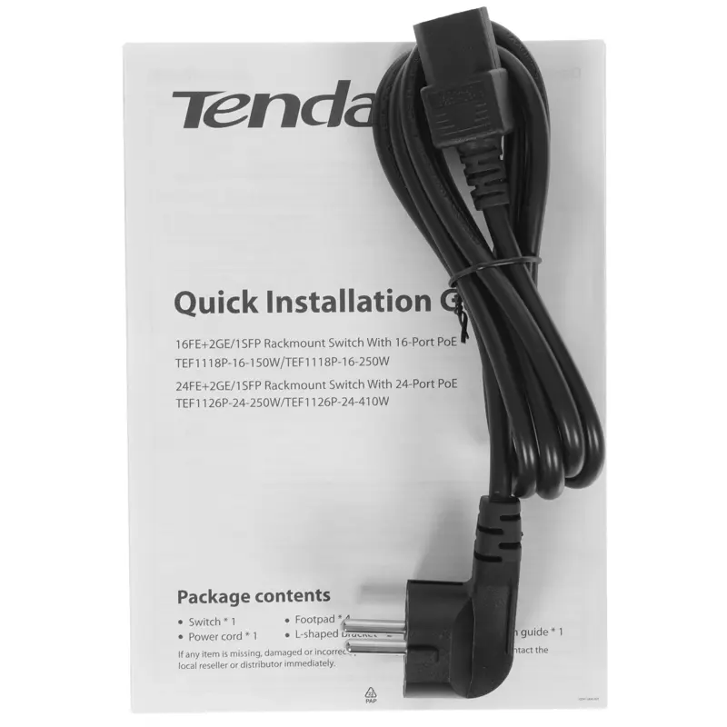 Коммутатор Tenda TEF1118P-16-150W (L2) 16x100Мбит/с 2x1Гбит/с 1SFP 16PoE 130W неуправляемый