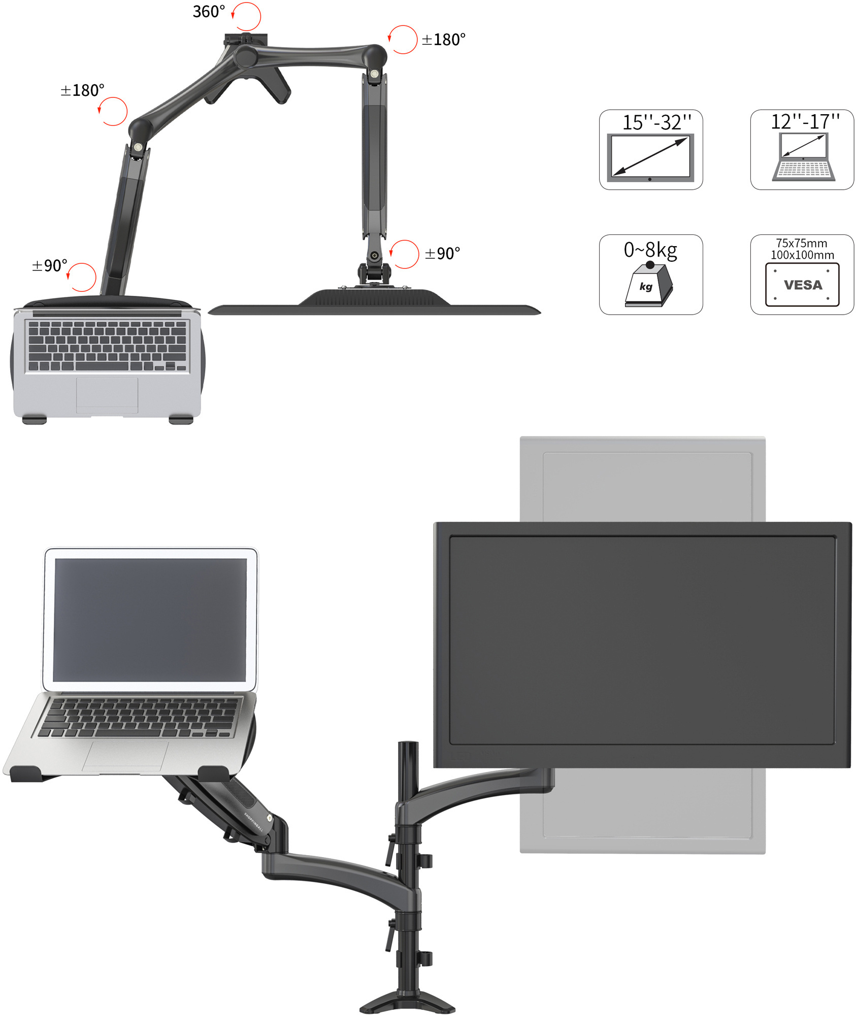 Кронштейн для монитора/ноутбука Cactus CS-VM-LH08-BK черный 13"-32" макс.16кг настольный поворот и н