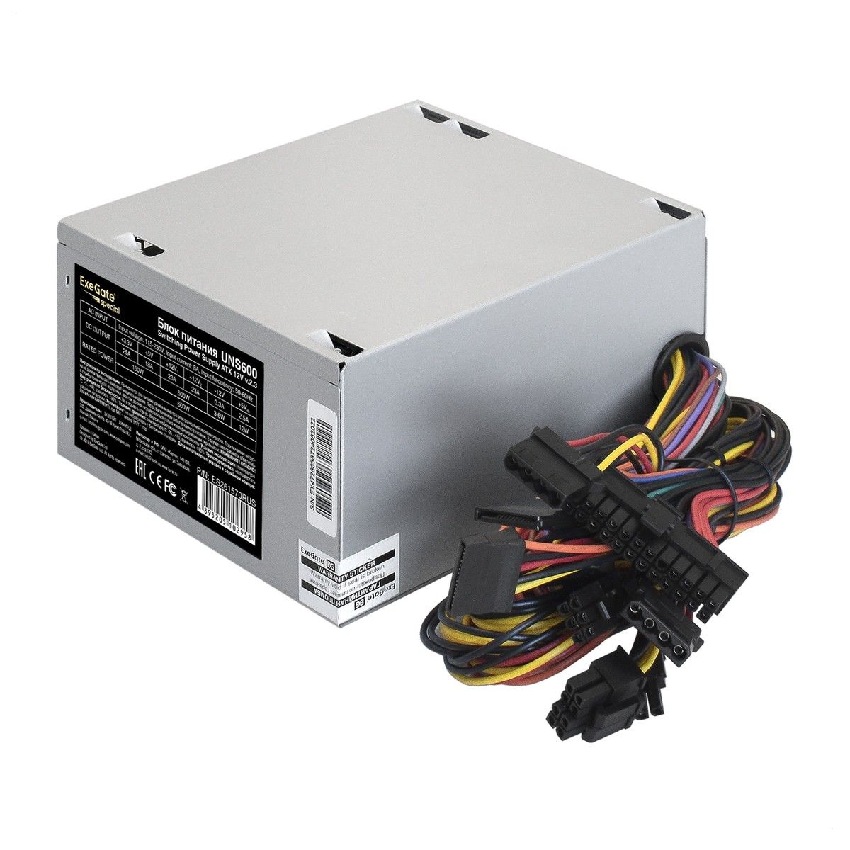 ES261570RUS Блок питания 600W ExeGate UNS600, ATX, 12cm fan, 24p+4p, 6/8p PCI-E, 3*SATA, 2*IDE, FDD