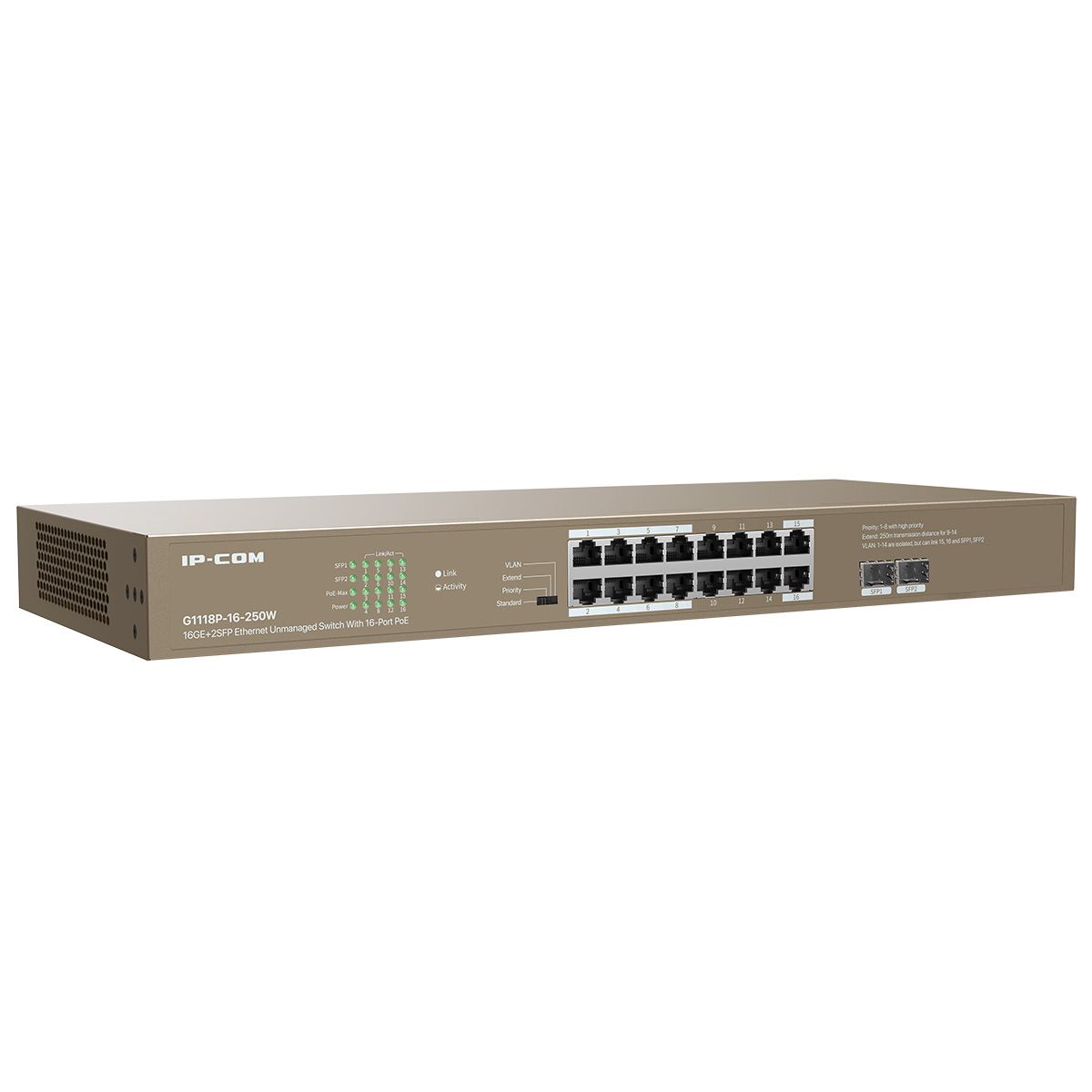 Коммутатор IP-Com G1118P-16-250W (L2) 16x1Гбит/с 2xКомбо(1000BASE-T/SFP) 2SFP 16PoE 230W неуправляем