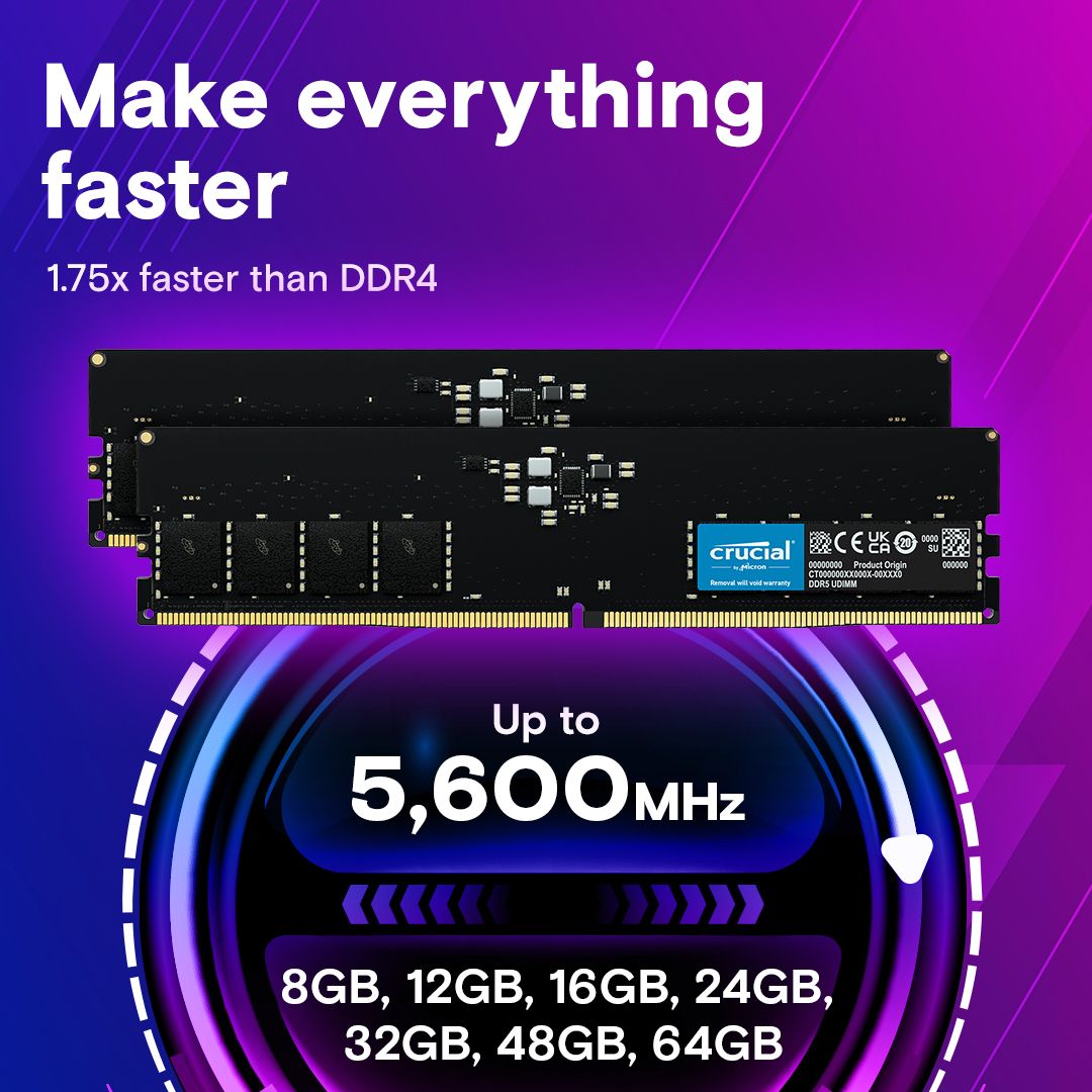 Модуль памяти 16GB Crucial DDR5 4800 UDIMM Basics Desktop Memory Non-ECC, CL40, 1.1V, SRx8, RTL