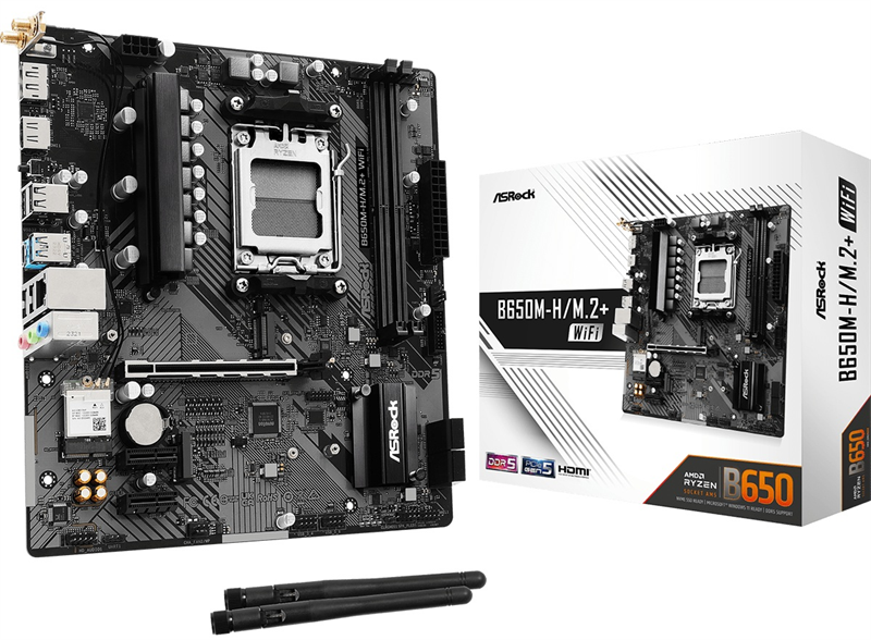 Материнская плата ASROCK B650M-H/M.2+WIFI, AM5, B650, 2*DDR5, 4*SATA, 2*M.2, 3*USB 3.2, 2*USB 2.0, T