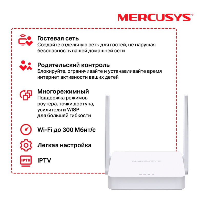 Маршрутизатор 300Mbps Wi-Fi router, 1x10/100Mbps WAN and 2 10/100Mbps LAN, 2 external 5dBi antennas