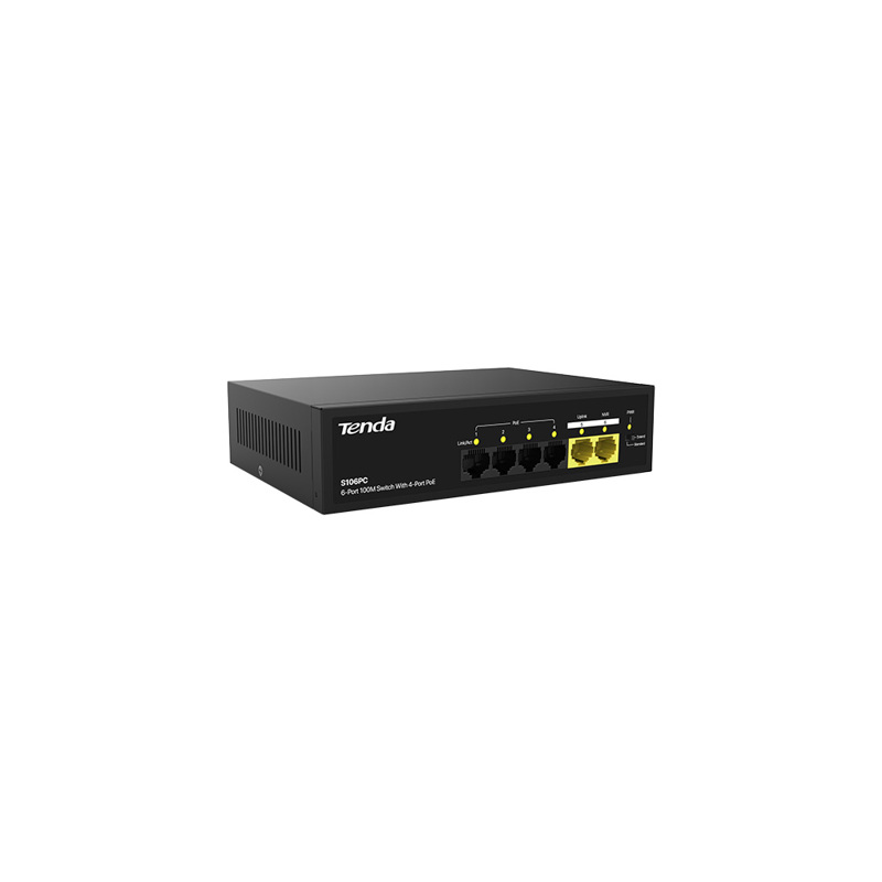 Коммутатор Tenda S106PC Коммутатор неуправляемый PoE, 6 портов 5x100 Мбит/с, PoE 4х до 30 Вт, настол