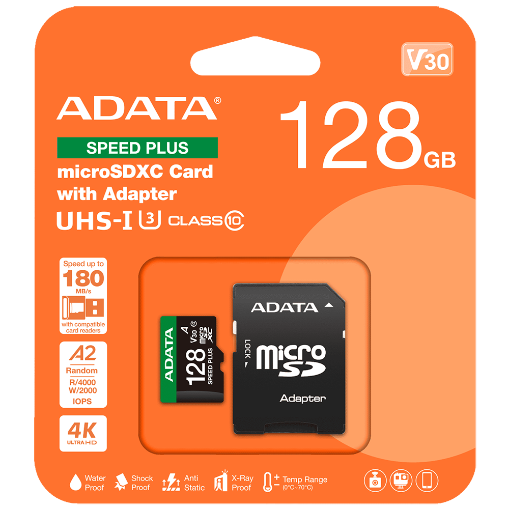 Флеш карта microSD 128GB A-DATA Speed Plus microSDXC Class 10 UHS-I U3 V30S A2 180/160 MB/s (SD адап