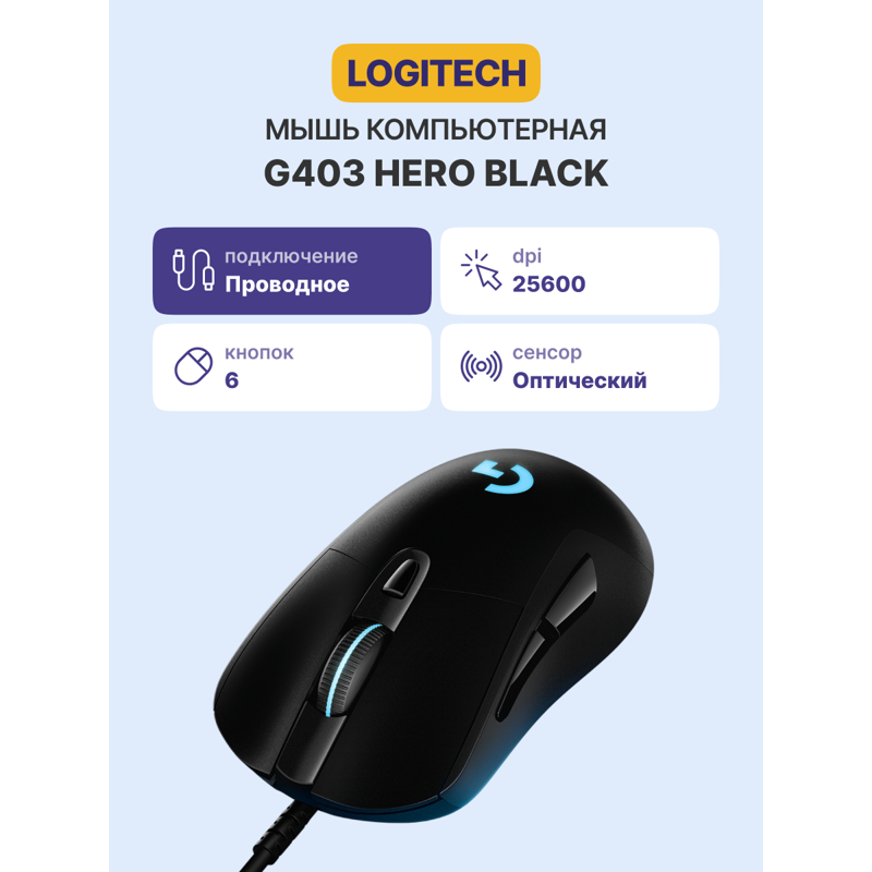 Мышь Logitech G403 Hero черный оптическая 25600dpi USB 5but (910-005636)