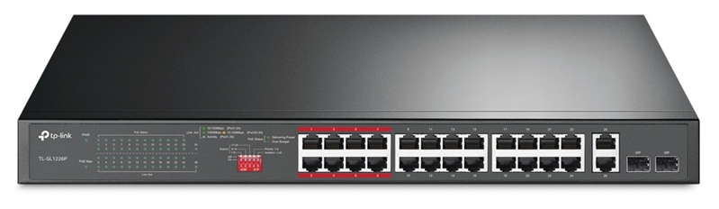 Коммутатор TP-Link TL-SL1226P (L2) 24x100Мбит/с 2x1Гбит/с 2xКомбо(1000BASE-T/SFP) 24PoE+ 250W неупра