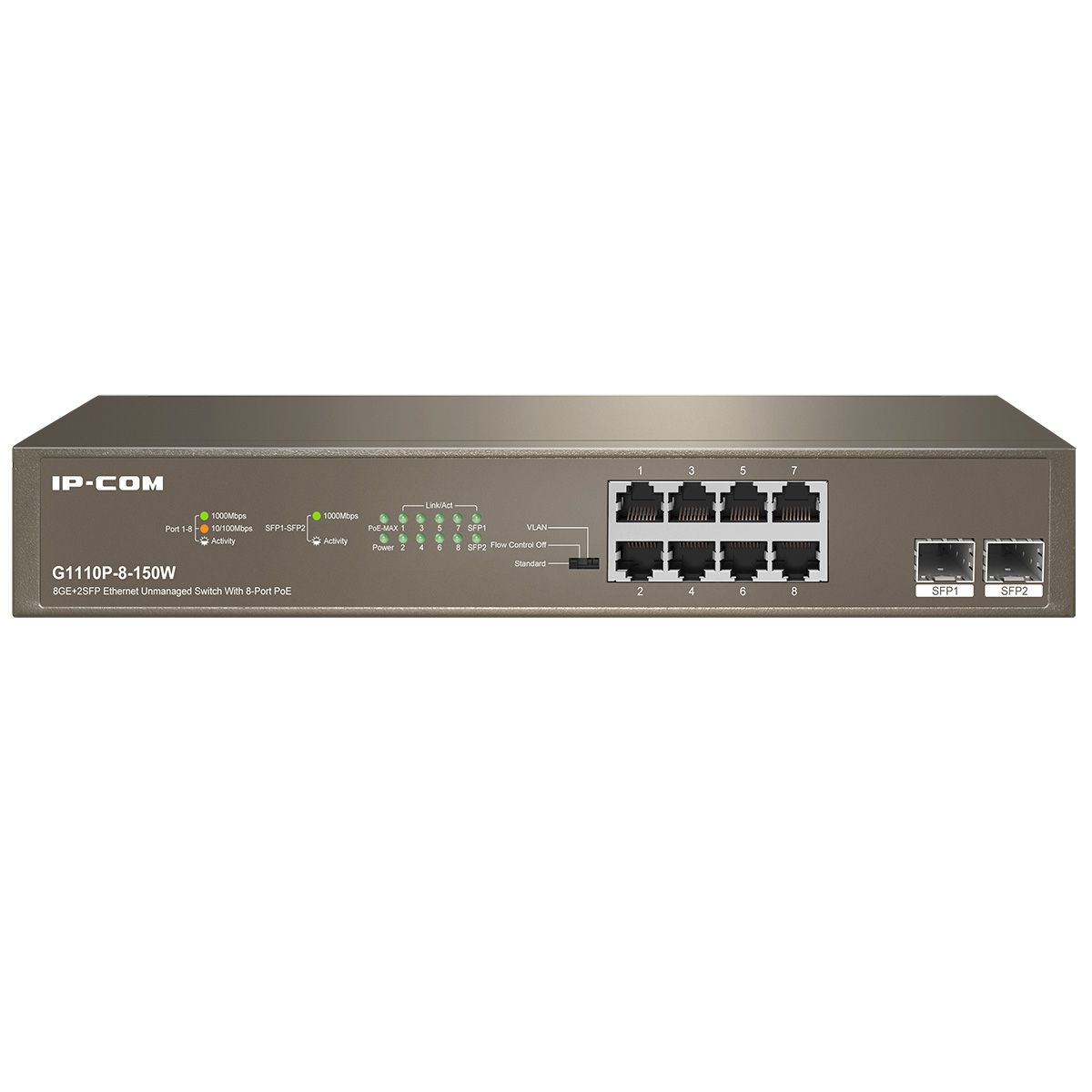 Коммутатор IP-Com G1110P-8-150W (L2) 8x1Гбит/с 2SFP 8PoE 130W неуправляемый