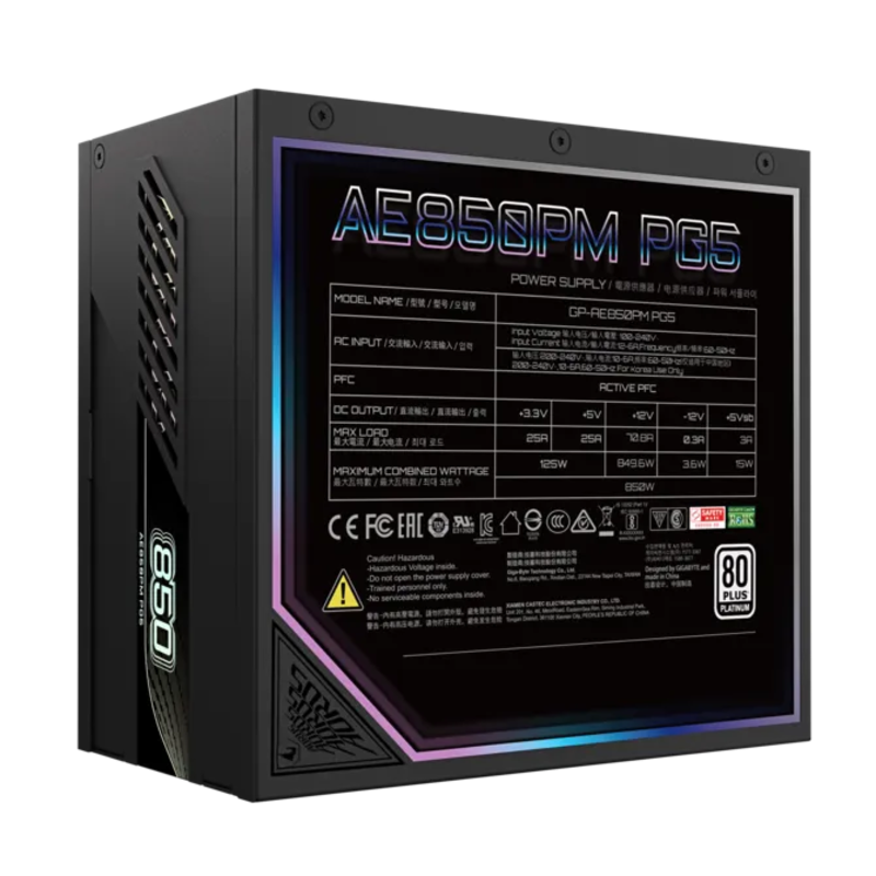 Блок питания Gigabyte ATX 850W Aorus Elite GP-AE850PM PG5 Gen.5 80+ platinum (20+4pin) APFC 120mm fa