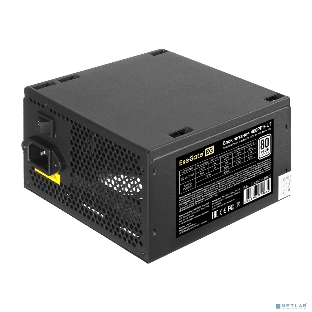 Exegate EX292148RUS Блок питания 400W ExeGate 80 PLUS® 400PPH-LT (ATX, APFC, КПД 82% (80 PLUS), 12cm
