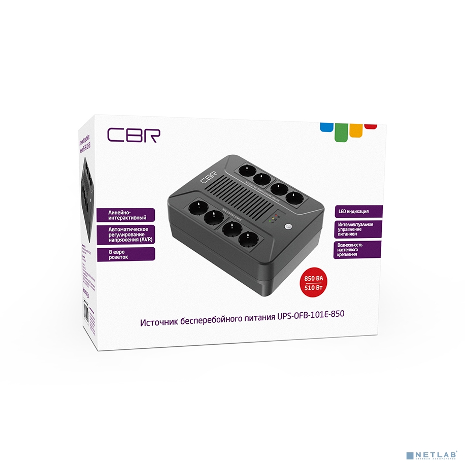 ИБП CBR [UPS-OFB-101E-850] 850VA/510W, Schuko CEE 7 Outlets: (x4 Battery & Surge Protected/ x4 Surge