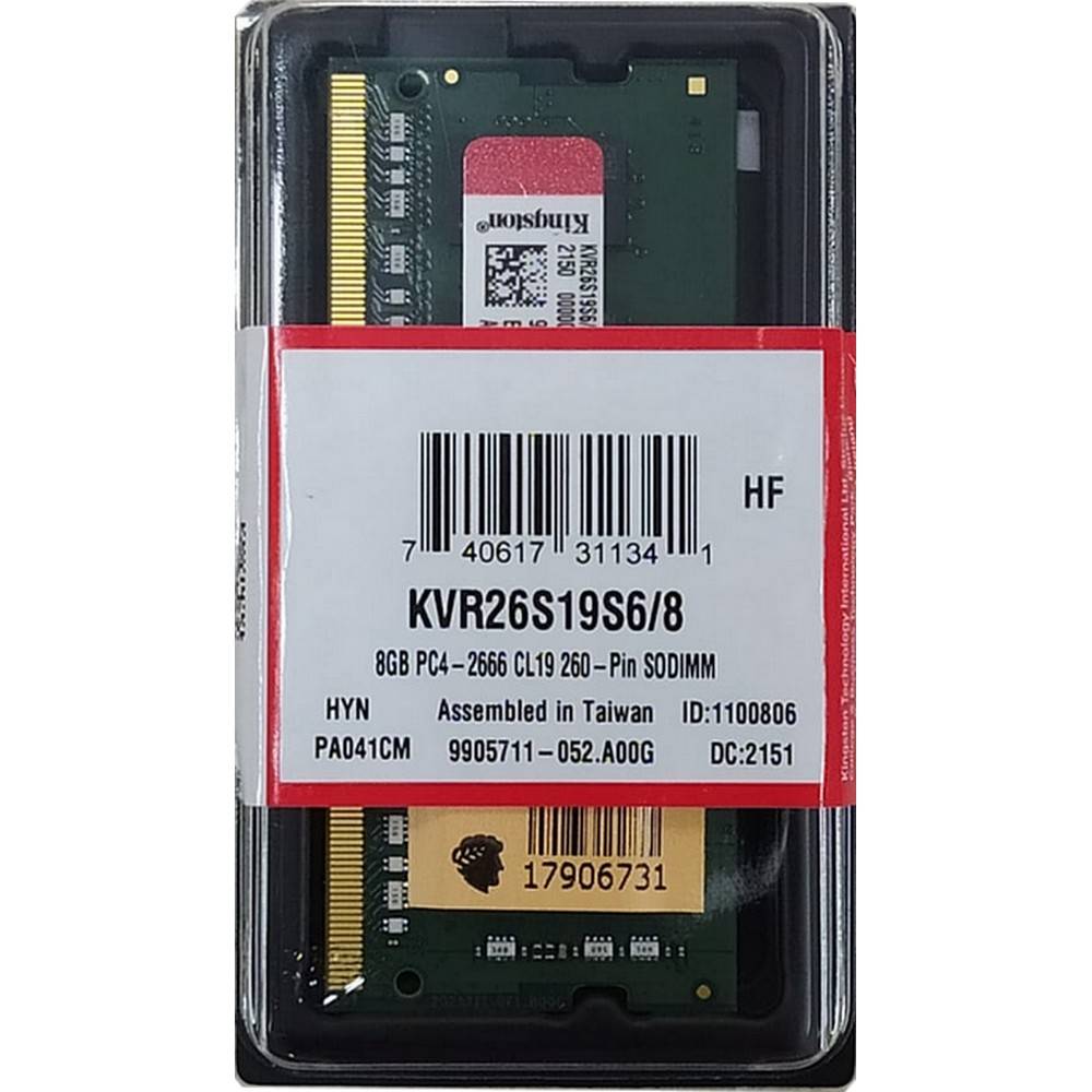 Память DDR4 8Gb 2666MHz Kingston KVR26S19S6/8 VALUERAM RTL PC4-21300 CL19 SO-DIMM 260-pin 1.2В singl