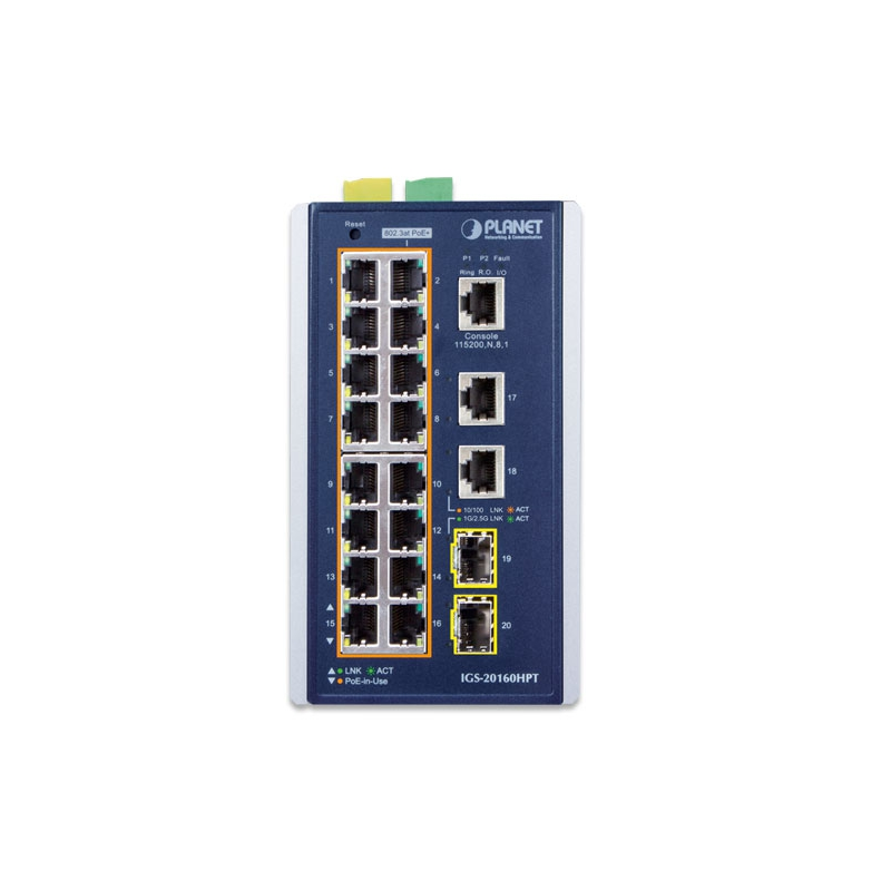 Коммутатор PLANET IP30 Industrial L2+/L4 16-Port 1000T 802.3at PoE+ 2-Port 1000T + 2-port 100/1000X 