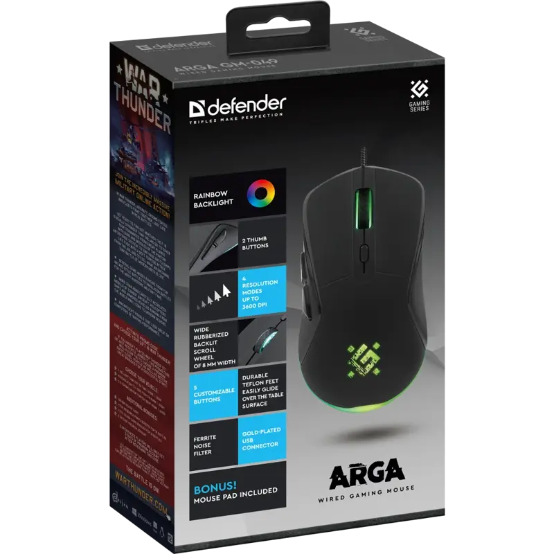 Мышь Defender Arga GM-049 черный оптическая 3600dpi USB 5but (52049)