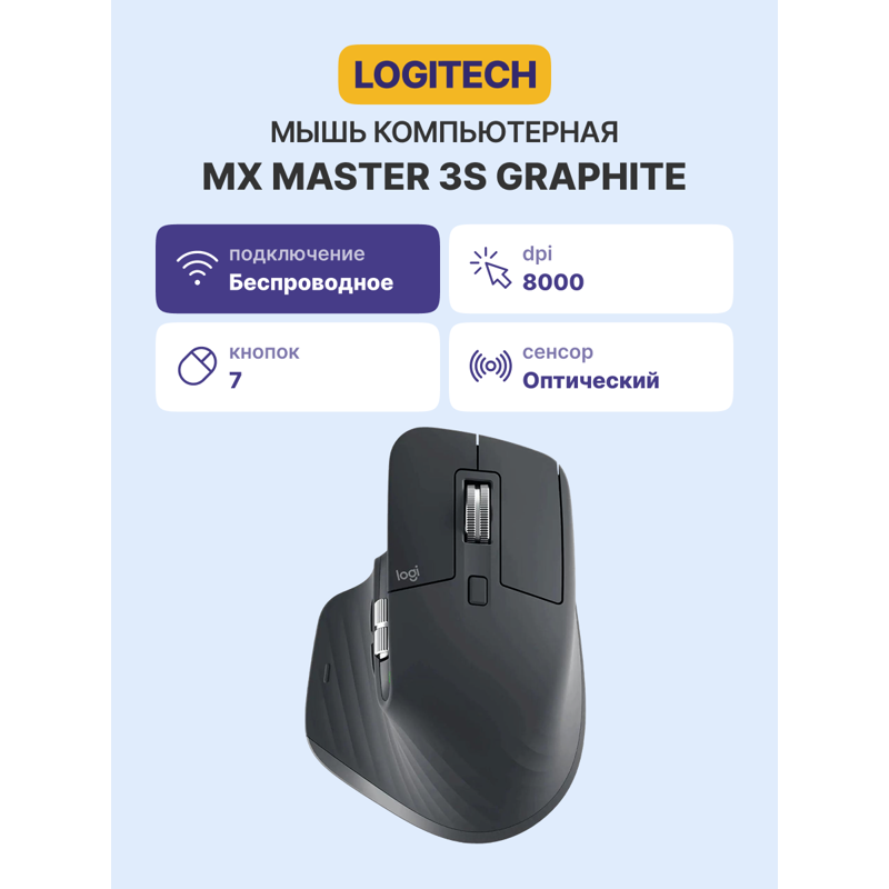 Мышь Logitech MX Master 3S графитовый оптическая 8000dpi беспров. BT/Radio USB 5but (910-006565)