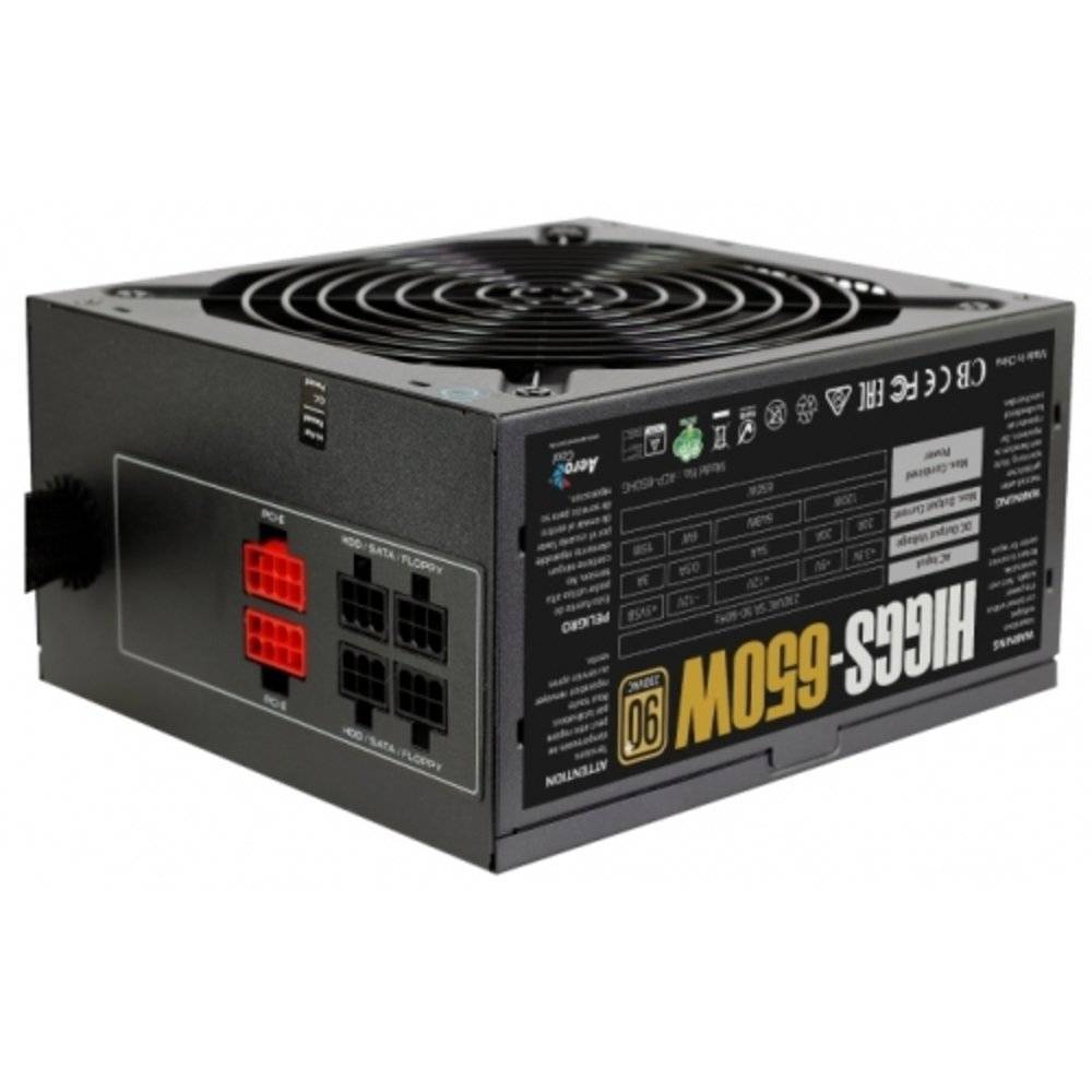 Блок питания Aerocool HIGGS-650 <650W, (20+4+4) pin, 4x(6+2) pin, 8xSATA, 5xMolex, FDD, 12 см, 90%,