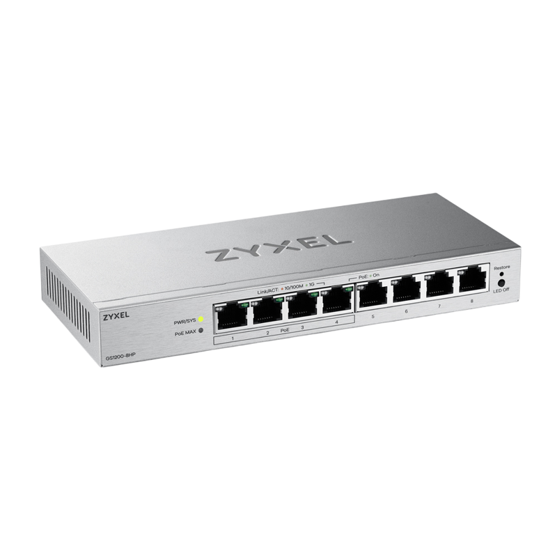 Коммутатор Web Smart L2 коммутатор Zyxel GS1200-8HPv3, 8xGE (4xPoE+), бюджет PoE 68 Вт, настольный, 