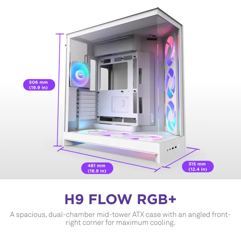 Корпус NZXT H9 Flow RGB+ (2025), Midi-Tower, TG, 6x140mm RGB + 1x120mm RGB, 2xUSB-A 3.2 + 1xUSB-C 3.