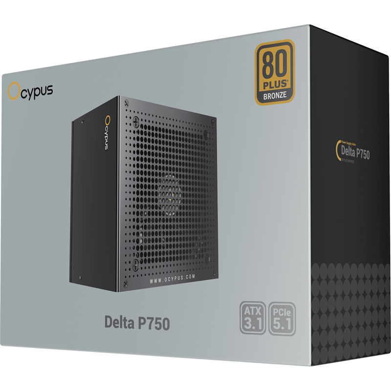 Блок питания Ocypus Delta P750, 750W 80+ Bronze (ATX, 3.1, Non modular, 1x24(20+4)pin, 2xCPU 8(4+4)p