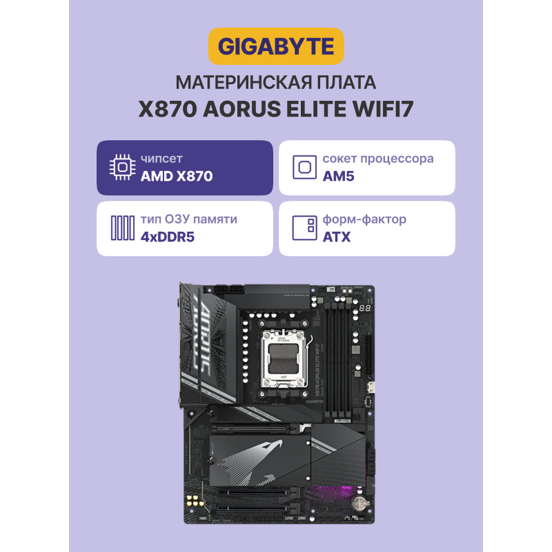 Материнская плата Gigabyte X870 A ELITE WIFI7 Socket AM5 AMD X870 4xDDR5 ATX AC`97 8ch(7.1) 2.5Gg RA