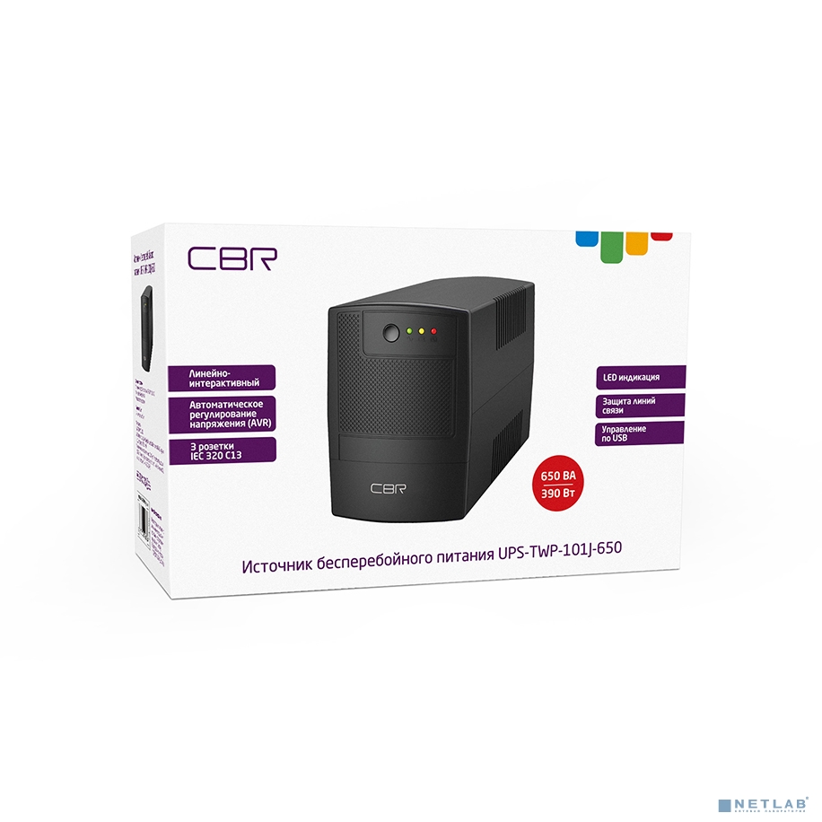 ИБП CBR [UPS-TWP-101J-650] 650VA/390W, IEC 320 C13 x3 outlets, LED, USB Type-B, RJ11/45 AVR, SEC, 12