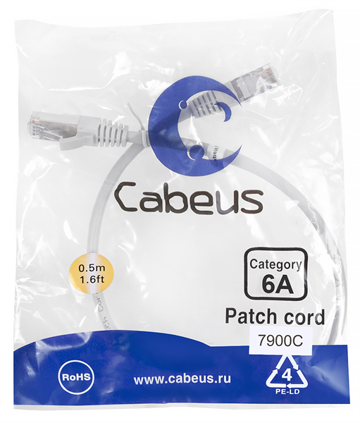 Патч-корд s/ftp, категория 6а (10g), 2xrj45/8p8c, серый, lszh, 0.5м Cabeus PC-SSTP-RJ45-Cat.6a-0.5m-