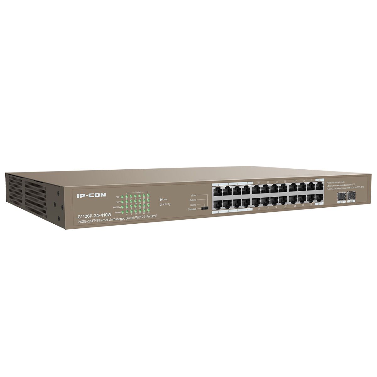 Коммутатор IP-COM G1126P-24-410W Коммутатор неуправляемый PoE, 24 порта 24x1 Гбит/с, SFP 2x1 Гбит/с,