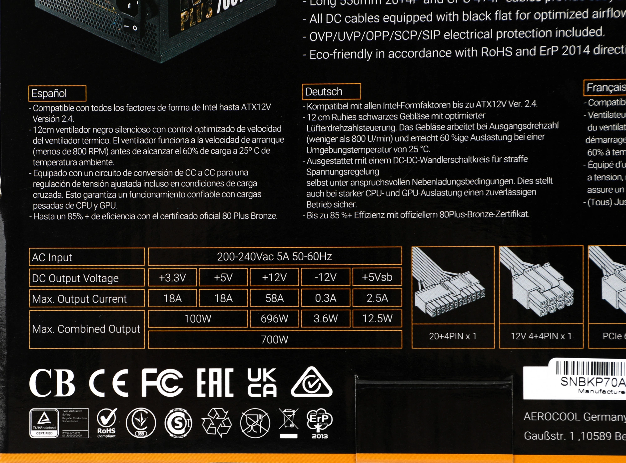 Блок питания Formula V Line KCAS PLUS 700W, 700W, APFC, 80+ Bronze, ATX12V v2.4, 12cm Fan (ex Aeroco