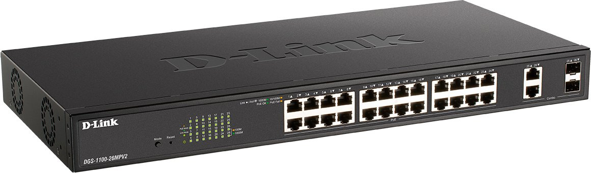 Коммутатор D-Link DGS-1100-26MPV2/A3A (L2) 24x1Гбит/с 2xКомбо(1000BASE-T/SFP) 24PoE 370W управляемый