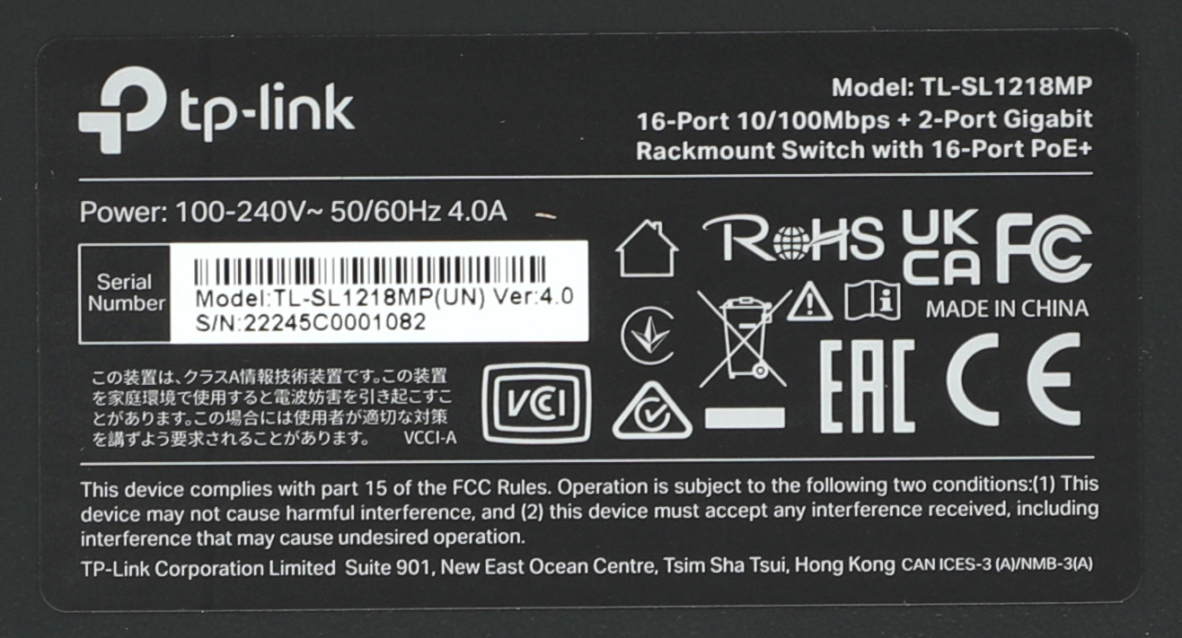 Коммутатор TP-Link TL-SL1218MP (L2) 16x100Мбит/с 2x1Гбит/с 2xКомбо(1000BASE-T/SFP) 16PoE+ 192W неупр