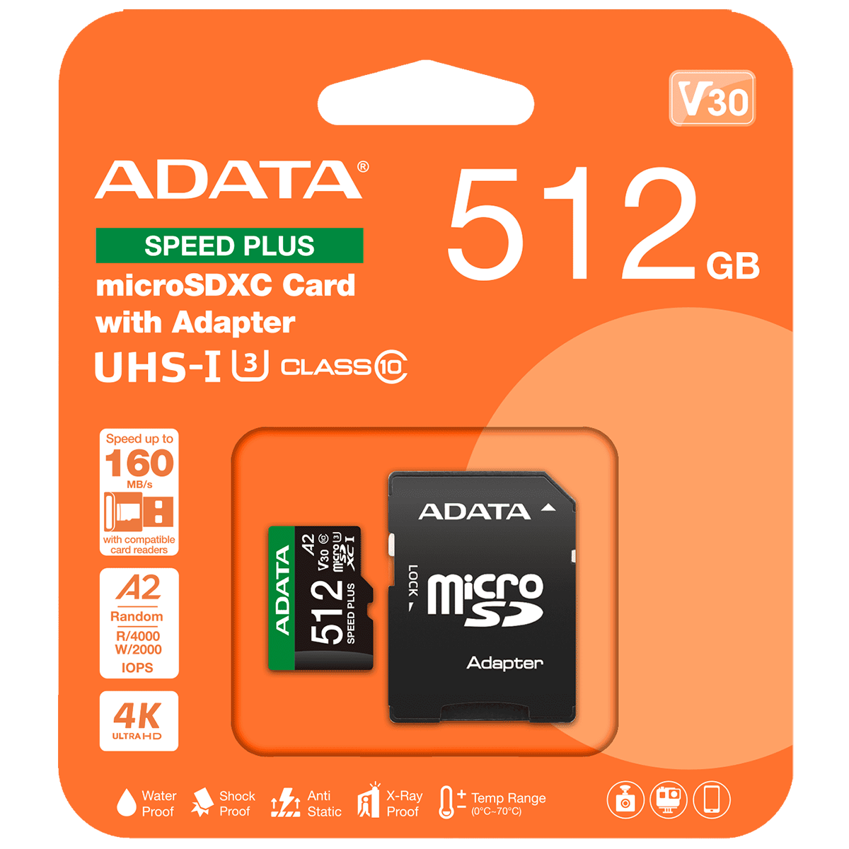 Флеш карта microSD 512GB A-DATA Speed Plus microSDXC Class 10 UHS-I U3 V30S A2 180/160 MB/s (SD адап