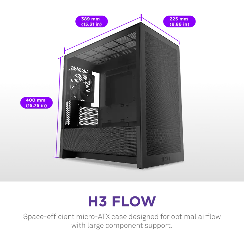 Корпус NZXT H3 Flow (2025), Midi-Tower, TG, 1x120mm, 1xUSB-A 3.2 + 1xUSB-C 3.2, mATX, mITX Black
