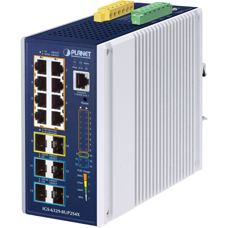 Коммутатор PLANET IP30 DIN-rail Industrial L3 8-Port 10/100/1000T 802.3bt PoE + 2-port 1G/2.5G SFP +