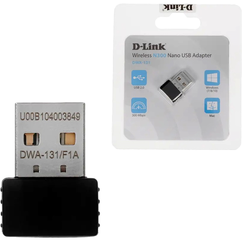 Сетевой адаптер Wi-Fi D-Link DWA-131 DWA-131/F1A N300 USB 2.0 (ант.внутр.) 2ант.