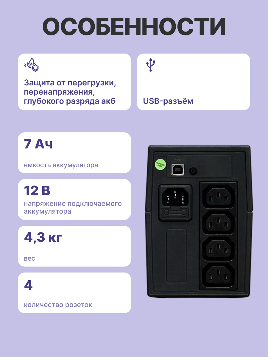 ИБП Powerman Back Pro 650 PLUS, лин-интерак, 650ВА/360Вт, 4 IEC320 C13, USB