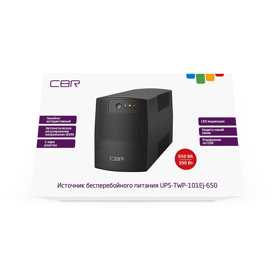 ИБП CBR [UPS-TWP-101EJ-650] 650VA/390W, Schuko CEE 7 x2 outlets, LED, USB Type-B, RJ11/45 AVR, SEC, 
