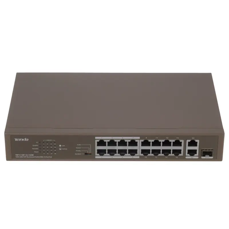 Коммутатор Tenda TEF1118P-16-150W (L2) 16x100Мбит/с 2x1Гбит/с 1SFP 16PoE 130W неуправляемый