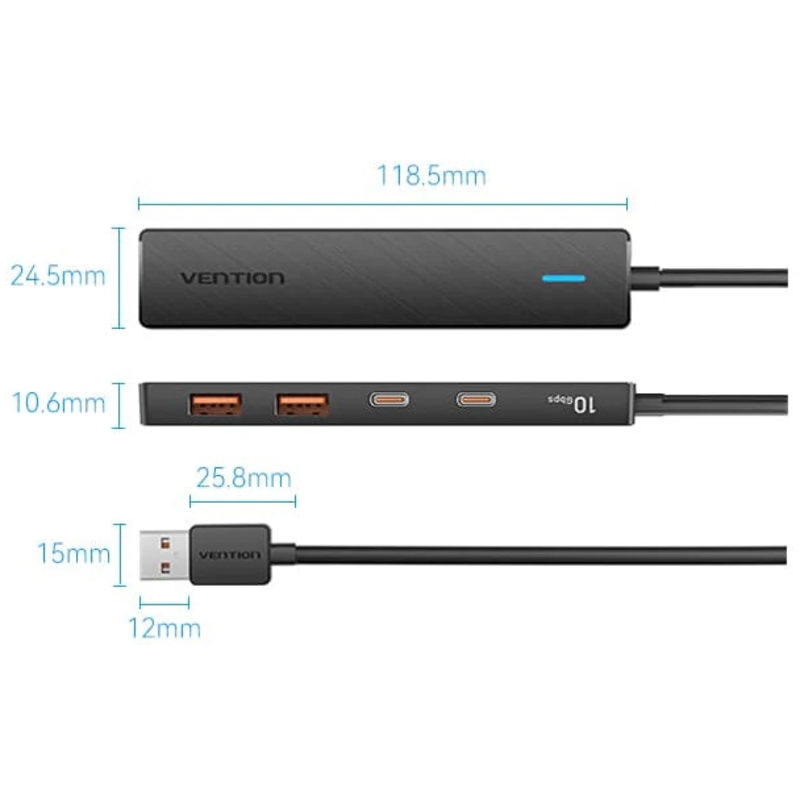 Концентратор Vention USB 3.2 Gen 2 AM/ 2хUSB-C/ 2хUSB-A Черный - 0.15м.