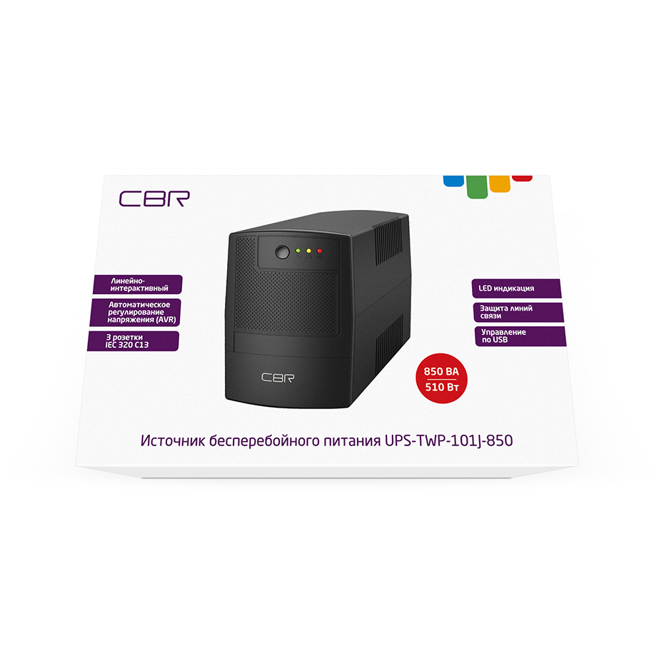 ИБП CBR [UPS-TWP-101J-850] 850VA/510W, IEC 320 C13 x3 outlets, LED, USB Type-B, RJ11/45 AVR, SEC, 12