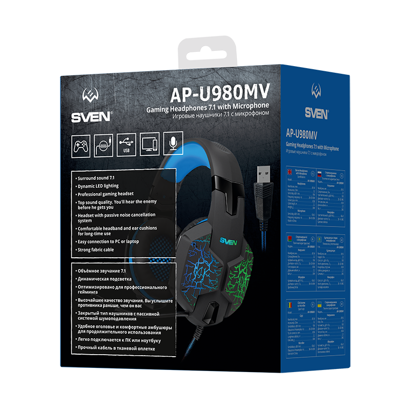 Наушники с микрофоном Sven AP-U980MV черный/синий 2.2м мониторные оголовье (SV-015633)
